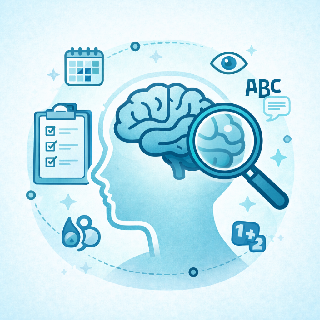 Avaliação neuropsicológica com análise das funções cognitivas como atenção, memória e linguagem.